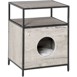 PawHut Maison De Toilette Pour Chat Style Contemporain Coussin Peluche Douce Inclus Châssis Acier Noir Aspect Bois Gris