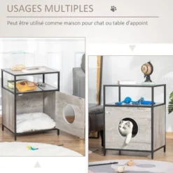 PawHut Maison De Toilette Pour Chat Style Contemporain Coussin Peluche Douce Inclus Châssis Acier Noir Aspect Bois Gris -Amis Poils Soldes Boutique 45847850 5