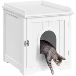 Yaheetech Maison De Toilette Pour Chat, Niche Pour Chat En Bois, 1 Porte Serviette Latérale, 7 Trous D'Aération, 48 X 53 X 57,5cm, Blanc