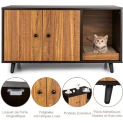 COSTWAY Maison Pour Chat, Cabine De Toilette Pour Chat Avec Double Portes Et Planche à Gratter Pour Chats, 90 X 50 X 50 CM Marron -Amis Poils Soldes Boutique 52966475 4