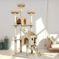 Arbre à Chat Hauteur De 180 Cm, Avec Plate-Formes, Grande Grotte, Troncs épais En Sisal, Palais De Chat - Beige - Meerveil