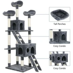 Arbre à Chat Hauteur De 180 Cm, Avec Plate-Formes, Grande Grotte, Troncs épais En Sisal, Palais De Chat - Gris - Meerveil -Amis Poils Soldes Boutique 53940134 5