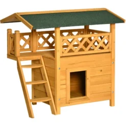 PawHut Maison Lodge - Niche Villa Avec Terrasse, Escalier, Toit Pour Chien Chat - Dim. 77L X 50l X 73H Cm - Bois Sapin Pré-huilé
