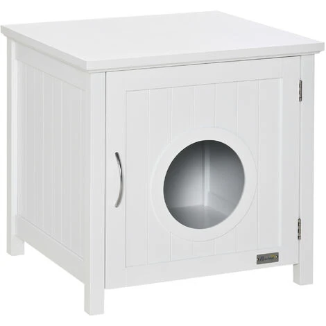 PawHut Maison De Toilette Pour Chat Sur Pied Design Rainuré Porte Entrée Poignée Métal MDF Blanc 1 PawHut Maison De Toilette Pour Chat Sur Pied Design Rainuré Porte Entrée Poignée Métal MDF Blanc