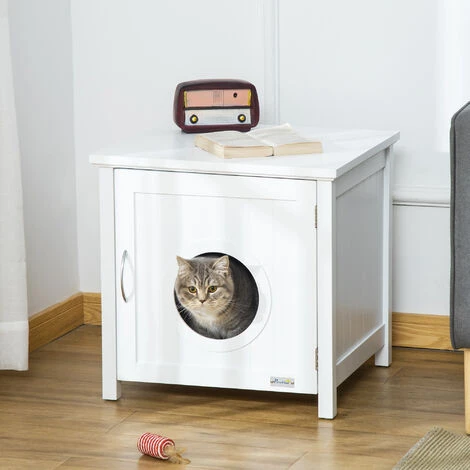 PawHut Maison De Toilette Pour Chat Sur Pied Design Rainuré Porte Entrée Poignée Métal MDF Blanc 2 PawHut Maison De Toilette Pour Chat Sur Pied Design Rainuré Porte Entrée Poignée Métal MDF Blanc – Image 2