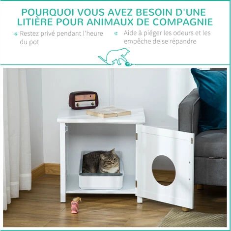 PawHut Maison De Toilette Pour Chat Sur Pied Design Rainuré Porte Entrée Poignée Métal MDF Blanc 4 PawHut Maison De Toilette Pour Chat Sur Pied Design Rainuré Porte Entrée Poignée Métal MDF Blanc – Image 4