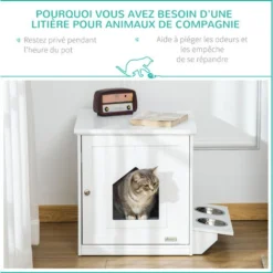 PawHut Maison De Toilette Pour Chat Design Porte Forme Maisonnette - Porte 2 Gamelles Intégré - Dim. 64L X 51l X 51,8H Cm - MDF Blanc -Amis Poils Soldes Boutique 57125685 4