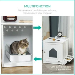 PawHut Maison De Toilette Pour Chat Design Porte Forme Maisonnette - Porte 2 Gamelles Intégré - Dim. 64L X 51l X 51,8H Cm - MDF Blanc -Amis Poils Soldes Boutique 57125685 5