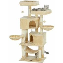 MSmask - Arbre à Chat Stable à Plusieurs Niveaux - Avec Grande Grotte, Troncs En Sisal Naturel - Beige - 145 Cm