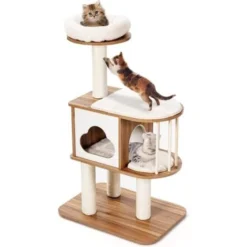 GOPLUS Arbre à Chat 117 CM En Bois à 3 Niveaux Avec Plateformes Et Niche-Coussins Confortables-Poteaux En Sisal-Design Et Moderne,Naturel