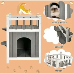 GOPLUS Maison De Chat En Bois A 2 Etages Avec Balcon,Condo Chat Sureleve,Abri Pour Animal De Companie,Cabine Pour Chat,Charge 20KG,45x45x65cm -Amis Poils Soldes Boutique 63809168 3