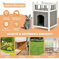 GOPLUS Maison De Chat En Bois A 2 Etages Avec Balcon,Condo Chat Sureleve,Abri Pour Animal De Companie,Cabine Pour Chat,Charge 20KG,45x45x65cm -Amis Poils Soldes Boutique 63809168 5