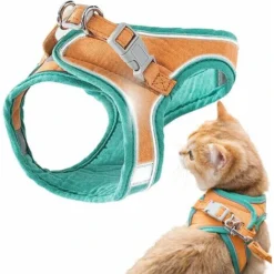 Harnais Et Laisse Pour Chat, Gilet De Marche Confortable Pour Chat Avec Laisse, Harnais De Gilet à Enfiler, Bandes Réfléchissantes Respirantes, Gilet Pour Petits Et Moyens Chats × Orange Vert Grand BF