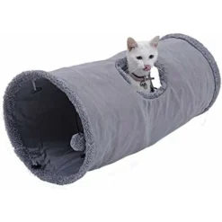 Jouet Tunnel Pour Chat En Daim, Grand Tunnel Pour Chat Pliable Avec 2 Trous Et Boule Suspendue Pour Chats Chatons Lapins Dia25 X 50cm
