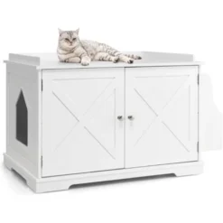 COSTWAY Meuble à Litière Pour Chat Avec Support De Rangement, Grand Espace Caché Pour Chat Avec Séparateur Amovible, Entrées Latérales, Table D'Appoint Intérieure Pour Chat