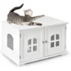 GOPLUS Maison De Toilette Pour Chat Enceinte En MDF, Meuble Cache Litiere Chat Avec Portes E, Trous D’Aeration, Table D’Appoint De Salon (Blanc, 2 Compartiments)