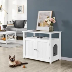 Yaheetech Meuble Litiere Pour Chat Maison De Toilette Chat En Bois Blanc 80 × 51 × 66 Cm 1 Panneau Amovible 9 Trous D'Aération 1 Compartiment Ouvert -Amis Poils Soldes Boutique 70311847 3