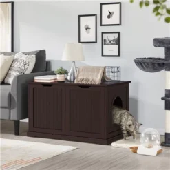 Yaheetech Meuble Litiere Pour Chat Maison De Toilette Chat En Bois 95 × 53,5 × 57,5 Cm 1 Panneau Amovible 9 Trous D'Aération Grand Espace En Haut Couleur Expresso -Amis Poils Soldes Boutique 70534880 3