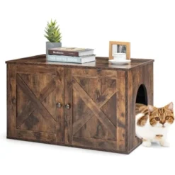 COSTWAY Maison De Toilettes Pour Chat Avec Double Portes, Meuble à Litière Avec Panneau Cloisonné Amovible, Style Industriel