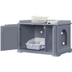 Yaheetech Maison De Toilette Pour Chat, Meuble Cache Litière Pour Chat, 2 Portes, 1 Cloison Amovible, 7 Trous D’Aération, Table D'Appoint Chat Gris