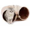 Road Tunnel Pour Chat Avec 2 Trous Doux Et Pliable, Jouet De Chat Avec Boule Suspendue Beige D25120cm