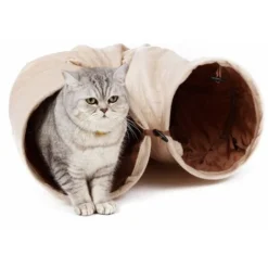 Road Tunnel Pour Chat Avec 2 Trous Doux Et Pliable, Jouet De Chat Avec Boule Suspendue Beige D25120cm