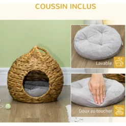 PawHut Panier Chat Jacinthe D'eau Lit Chat Cosy Grand Confort Dim. 41L X 38l X 41H Cm Poignée Coussin Moelleux Gris Inclus -Amis Poils Soldes Boutique 76658269 5