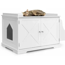 GOPLUS Maison Pour Chat Avec Placard à Porte Avec Séparateur Amovible, Niche Pour Chat Avec Large Dessus Et Étagères Latérales, Maison De Toilettes Pour Chat Avec Fenêtre