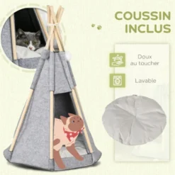 PawHut Tente Tipi Pour Animaux - Teepee Chien Chat - Coussin épais Grand Confort Inclus - Structure Bois De Pin Feutre Polyester Gris -Amis Poils Soldes Boutique 88507242 5