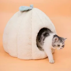 Panier Chien Chat Maison Niche Igloo Cave Nid Pour Chien Chat Avec Coussin Flanelle Amovible Lit De Couchage Pour Chien Chat De Petite Moyenne Grande Taille(Beige，M:40X45CM)