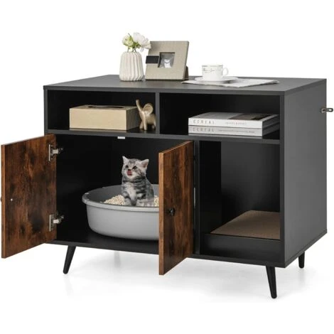 COSTWAY Meuble Litière Chat Avec Griffoir Industriel, Maison De Toilette Chat Anti-basculement 2 Étagères De Rangement, Pieds Métalliques Inclinées, 90x50x70cm 1 COSTWAY Meuble Litière Chat Avec Griffoir Industriel, Maison De Toilette Chat Anti-basculement 2 Étagères De Rangement, Pieds Métalliques Inclinées, 90x50x70cm