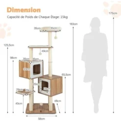 COSTWAY Arbre à Chat En Bois 163 CM Avec 3 Plateformes, 2 Niches, 3 Balles, Griffoirs En Sisal, Perchoir, Coussins Lavables, Naturel -Amis Poils Soldes Boutique 94215150 3