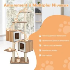 COSTWAY Arbre à Chat En Bois 163 CM Avec 3 Plateformes, 2 Niches, 3 Balles, Griffoirs En Sisal, Perchoir, Coussins Lavables, Naturel -Amis Poils Soldes Boutique 94215150 5