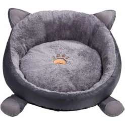 Lit Pour Chat Et Chiot Panier Cde Couche Niche Avec Matelas De Peluche Maison Chaude Hiver 3D D'oreille De Chat Gris Taille L